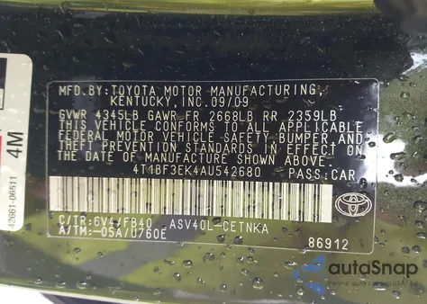 2010 Toyota Camry Le z USA, uszkodzony, nr VIN 4T1BF3EK4AU542680
